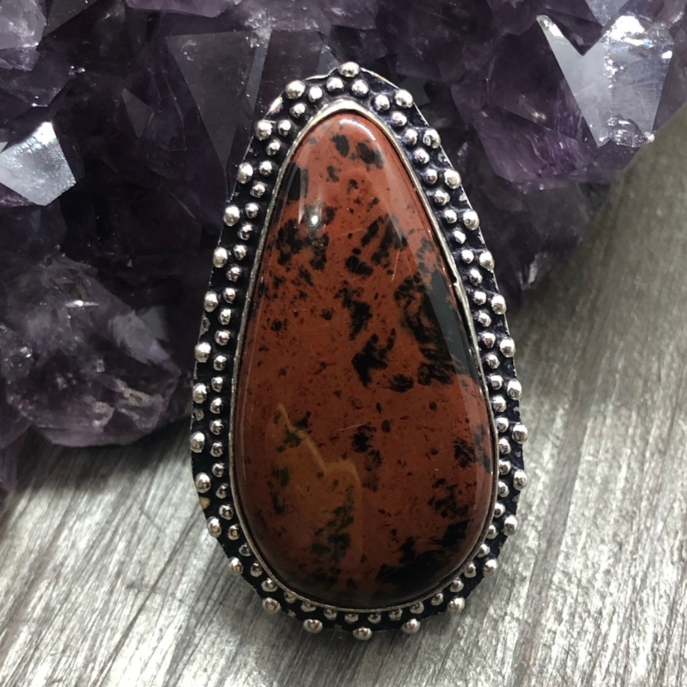 Mahogany obsidian sliver stamped crystal ring